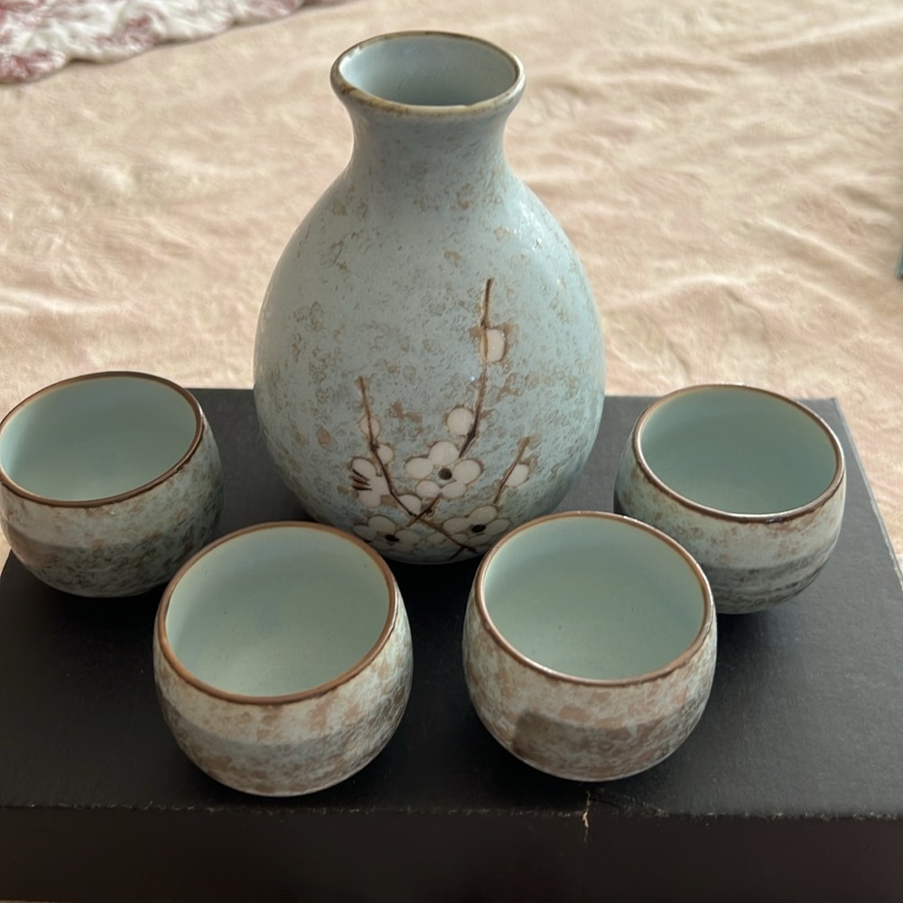 JAPANESE POTTERY SAKI SET ROBIN EGG BLUE MADE IN JAPAN